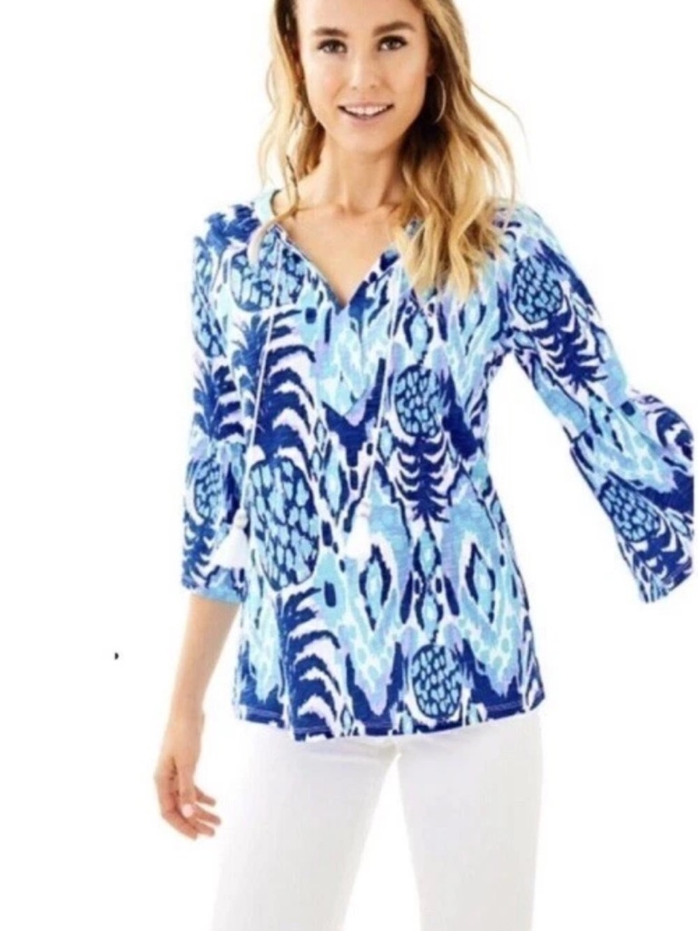 Lilly Pulitzer Del Lago blue pineapple tropic call me top white tassels small